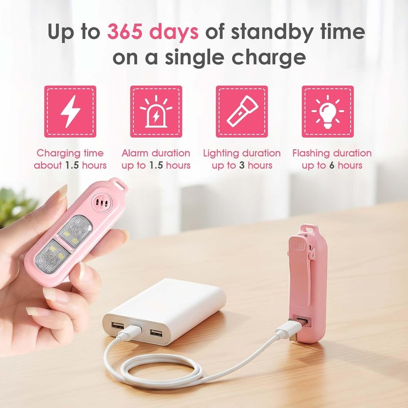 cjc Rechargeable Personal Safety Alarm for Women,130DB Self Defense Keychain Alarms with Strobe Light & LED Flashlight, Bear Alarm Deterrent, Clip-On Emergency Safety Siren for Night Runners Kid, Pink - Image 2